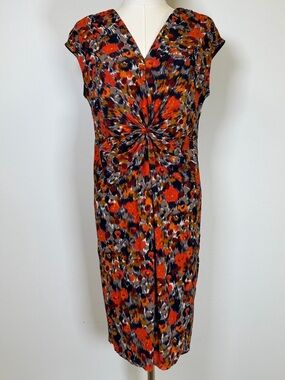 TravelSmith | Orange Abstract Floral Twist-Front Cap Sleeve Dress Women’s Small